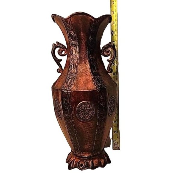 Vintage Metalware Embossed Ornate Rustic Bronze Look Urn With Handles 13 inches - Picture 5 of 5